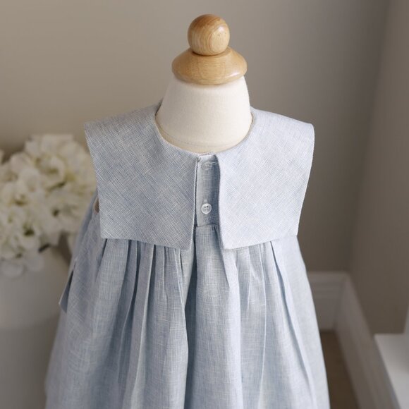 Blue Linen Float Dress Crocheted Lace Square Bib Collar Bailey Boys Boutique  2T - Picture 3 of 4